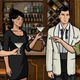 The animated Malory Archer wears a green dress suit and points accusingly at her employees Ray, Lana, and Archer in a scene from animated FXX series Archer.